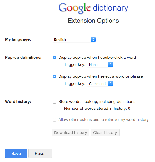 Google Dictionary Options