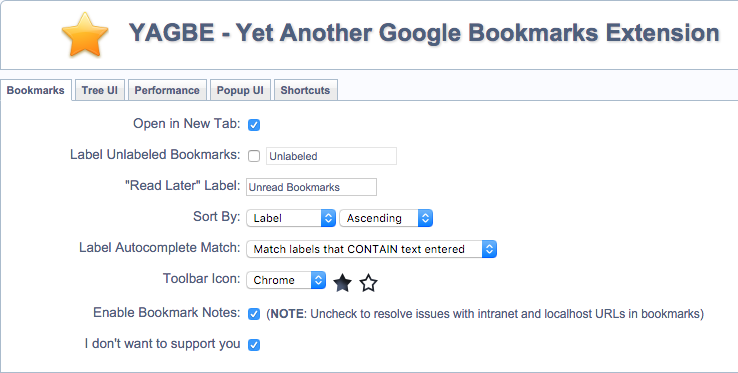 Yet Another Google Bookmarks Extension Options