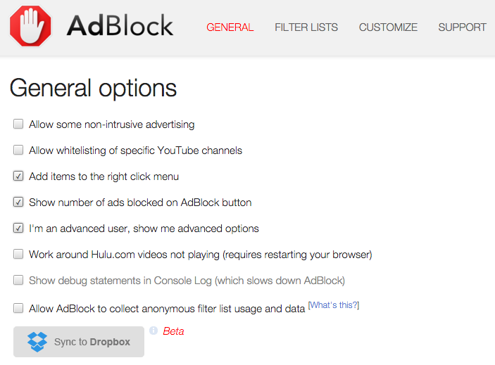 AdBlock Options – General
